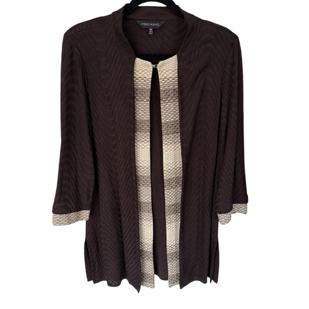 Ming Wang Brown Cardigan Blazer Size Medium Accent Trim Single Clasp Closure